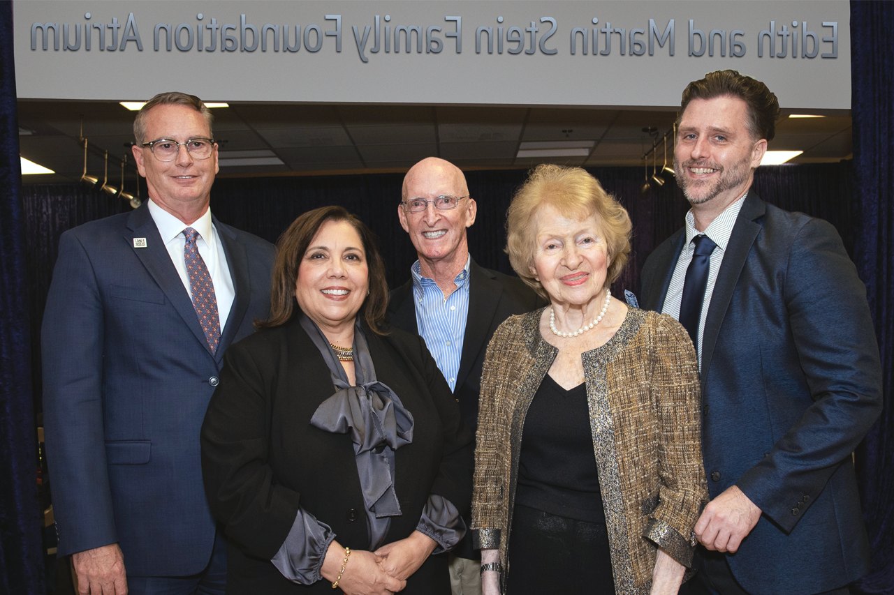 From left, Matt Stabile, producing artistic director of Theatre Lab; Edith Stein, philanthropist; Lou Tyrrell, founding director of Theatre Lab and Dorothy F. Schmidt Eminent Scholar in the Arts; FAU President Stacy Volnick; and Michael Horswell, Ph.D., dean of the Dorothy F. Schmidt College of Arts and Letters.